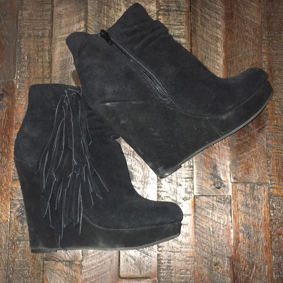 Express Black Fringe Wedge Booties - Picture 7 of 8